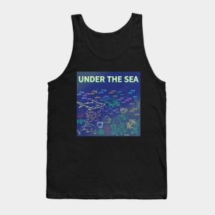 under the sea,blue sea,sea creatures,Turtle, puffer fish, starfish, shrimp, shark, tropical fish, sea horse, seaweed, sardines, squid, crabs, clams Tank Top